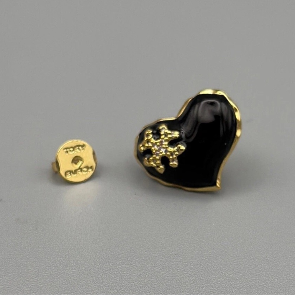 Tory Burch Black Enamel & Gold Heart Studs NWT - Picture 4 of 5